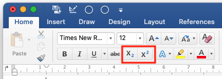 The subscript and superscript (exponent) formats in the Microsoft Word ribbon