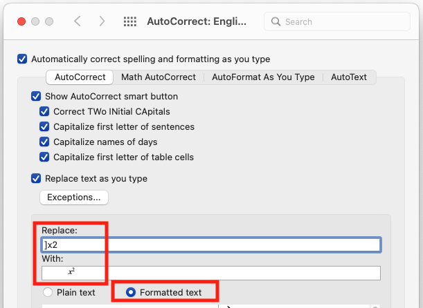 The AutoCorrect dialog box, with the shortcut text and formatted text options highlighted.